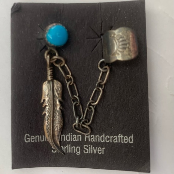 Sterling Silver VINTAGE Turquoise Feather Dangle Earring Pierced and Ear Cuff
